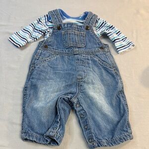 Place 1989 - 0-3M - Denim Overalls and short sleeve onesie set